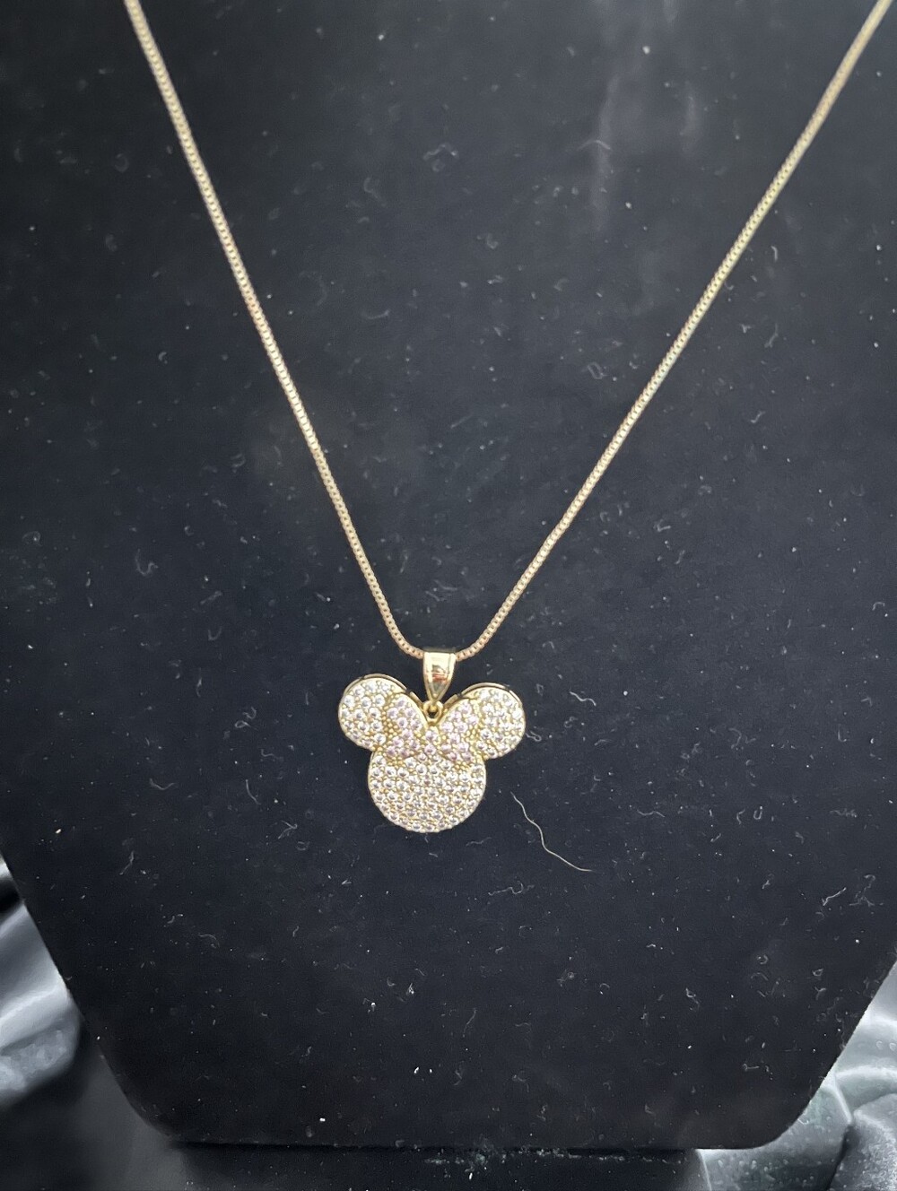 14k Gold Filled Crystal Minnie Mouse-Style Pendant Necklace With Light Pink Bow
